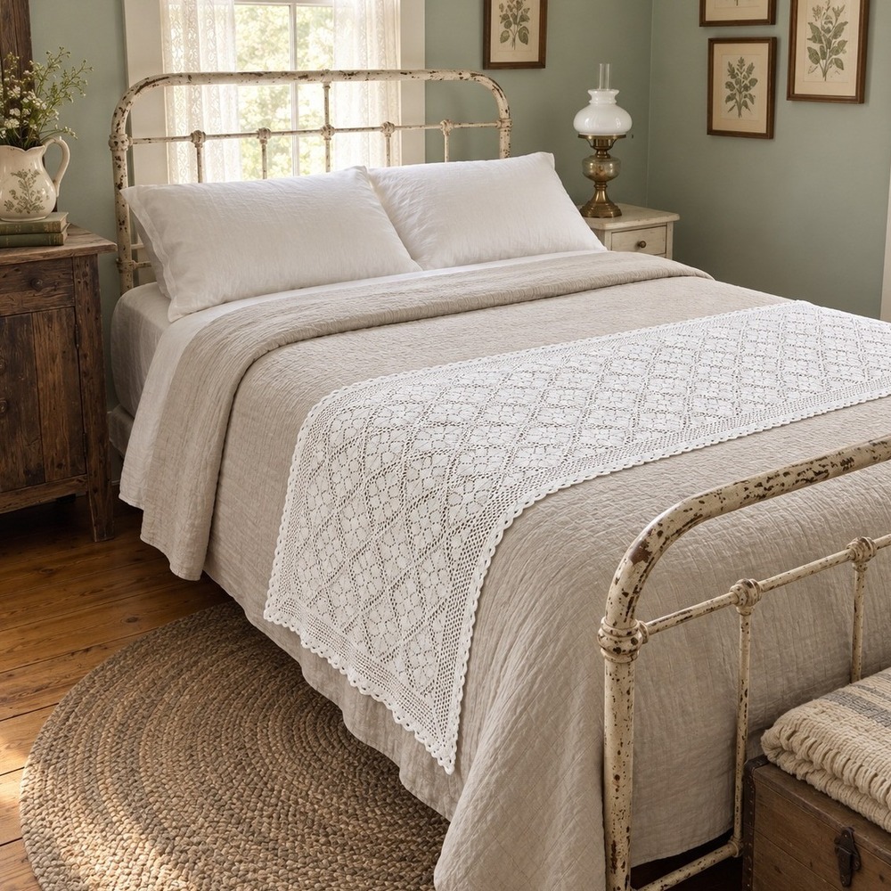Vintage Crochet-Look Lace Bed Runner Scarf 44x110 Openwork Bed Coverlet Farm